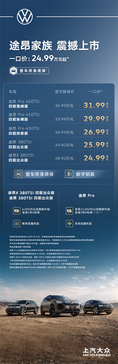 途昂 Pro 一口價(jià)26.99萬元起！搭載第五代EA888發(fā)動(dòng)機(jī)，開啟全境旅程